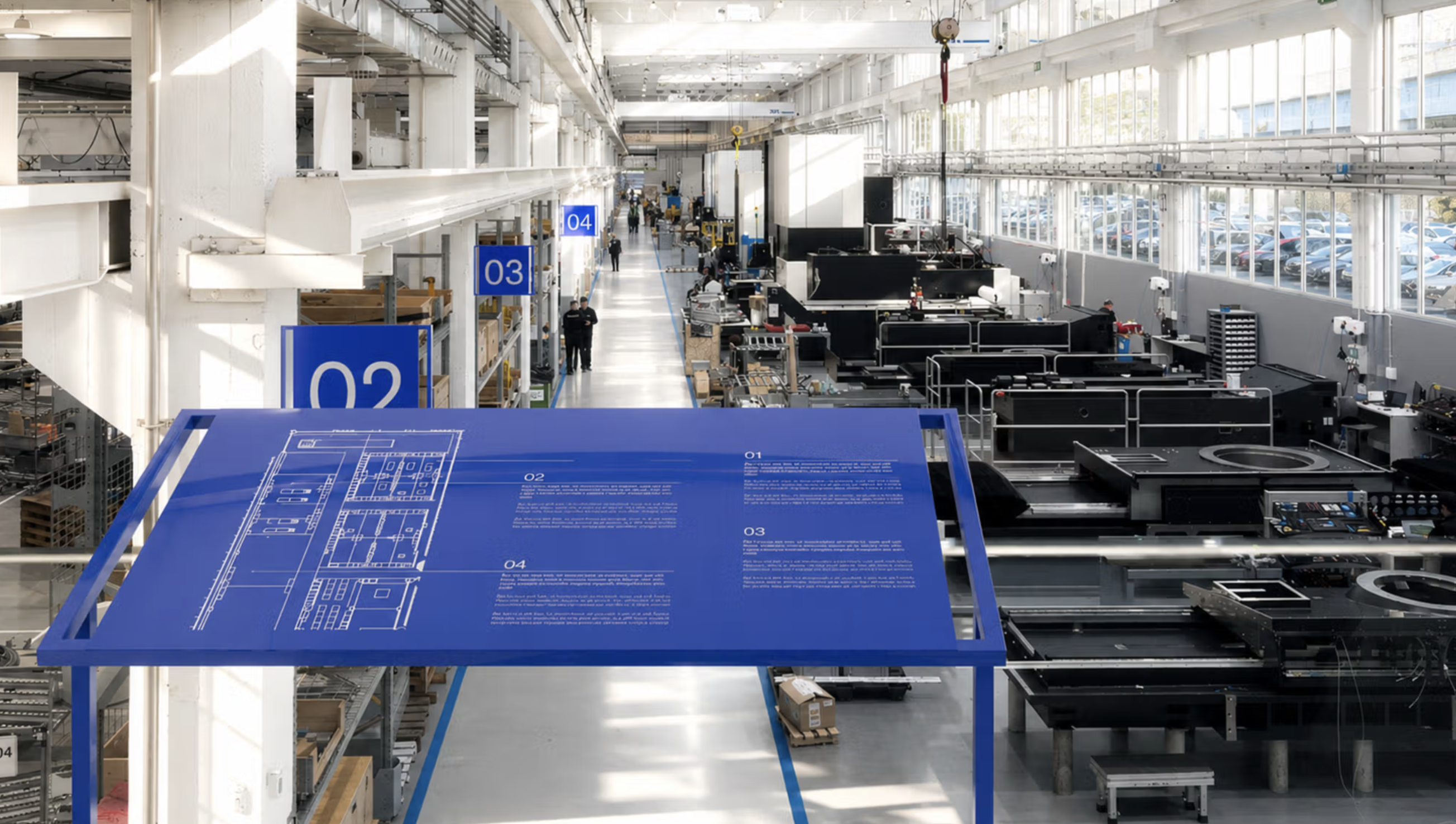 Espaço industrial da Danobat com sinalização azul